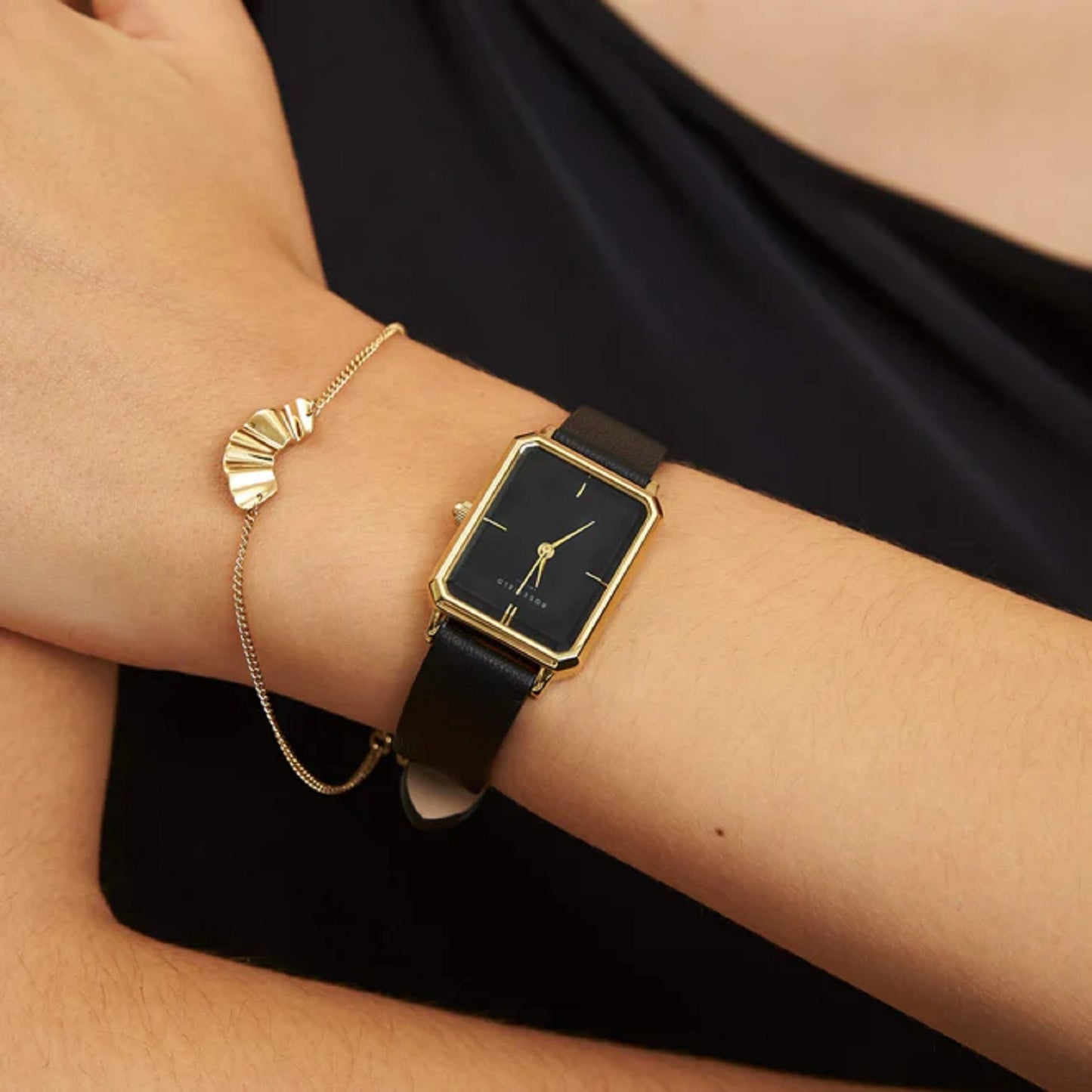 Rosefield Octagon Black Leather Strap Black Dial Watch