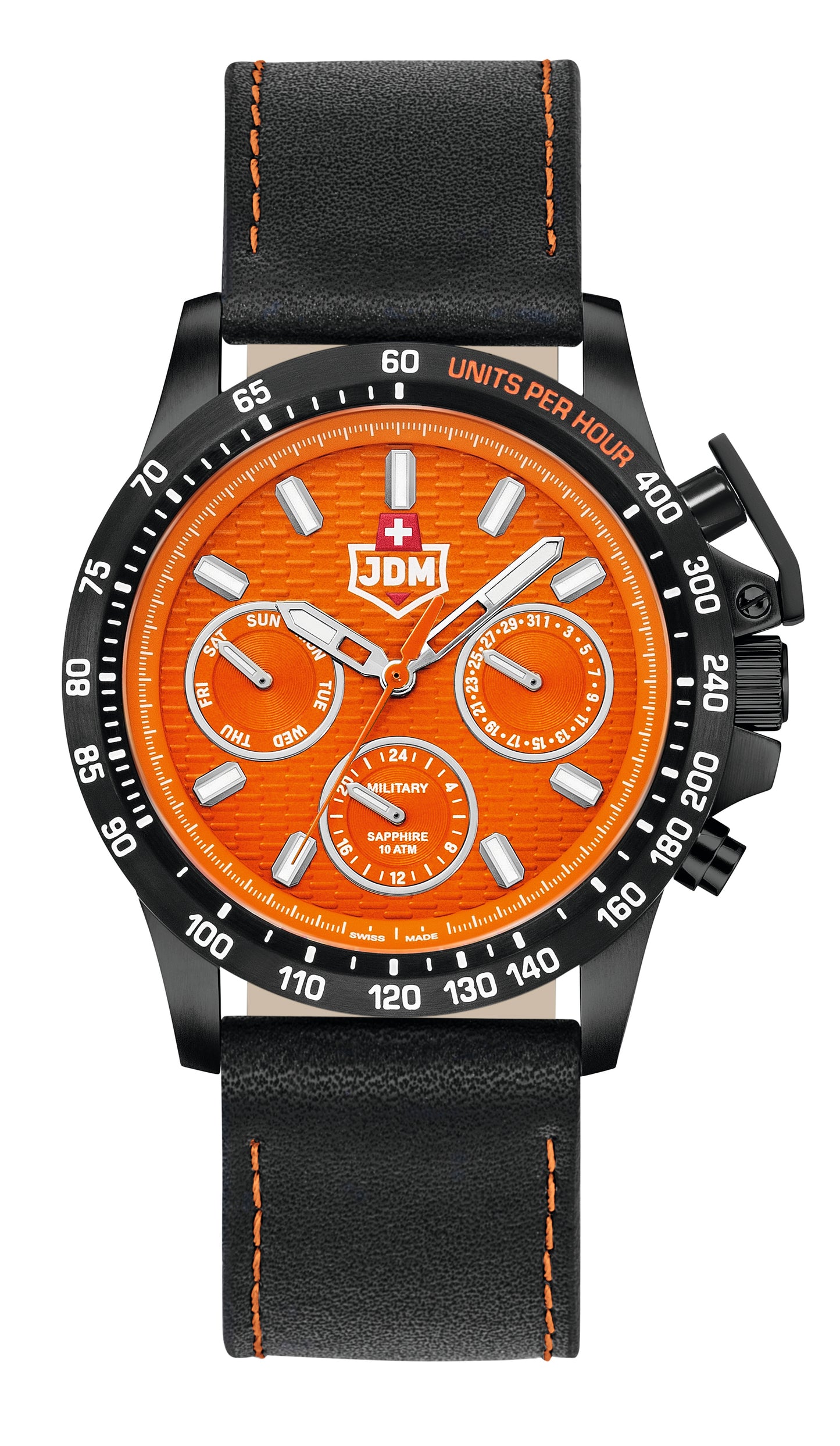 JDM Military Charlie Orange Dial Black Leather Strap