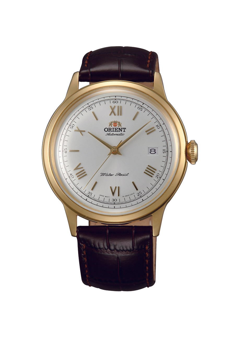 Orient Bambino 40.5mm Brown Leather Strap White Dial Gold Accents