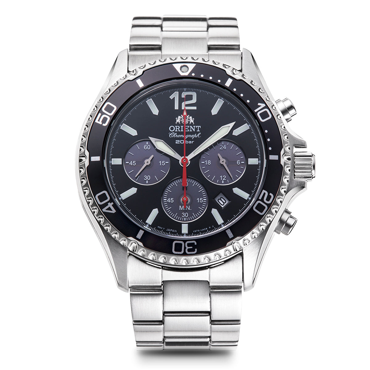 Orient Mako Solar Powered Chrono Steel Bracelet Black Dial