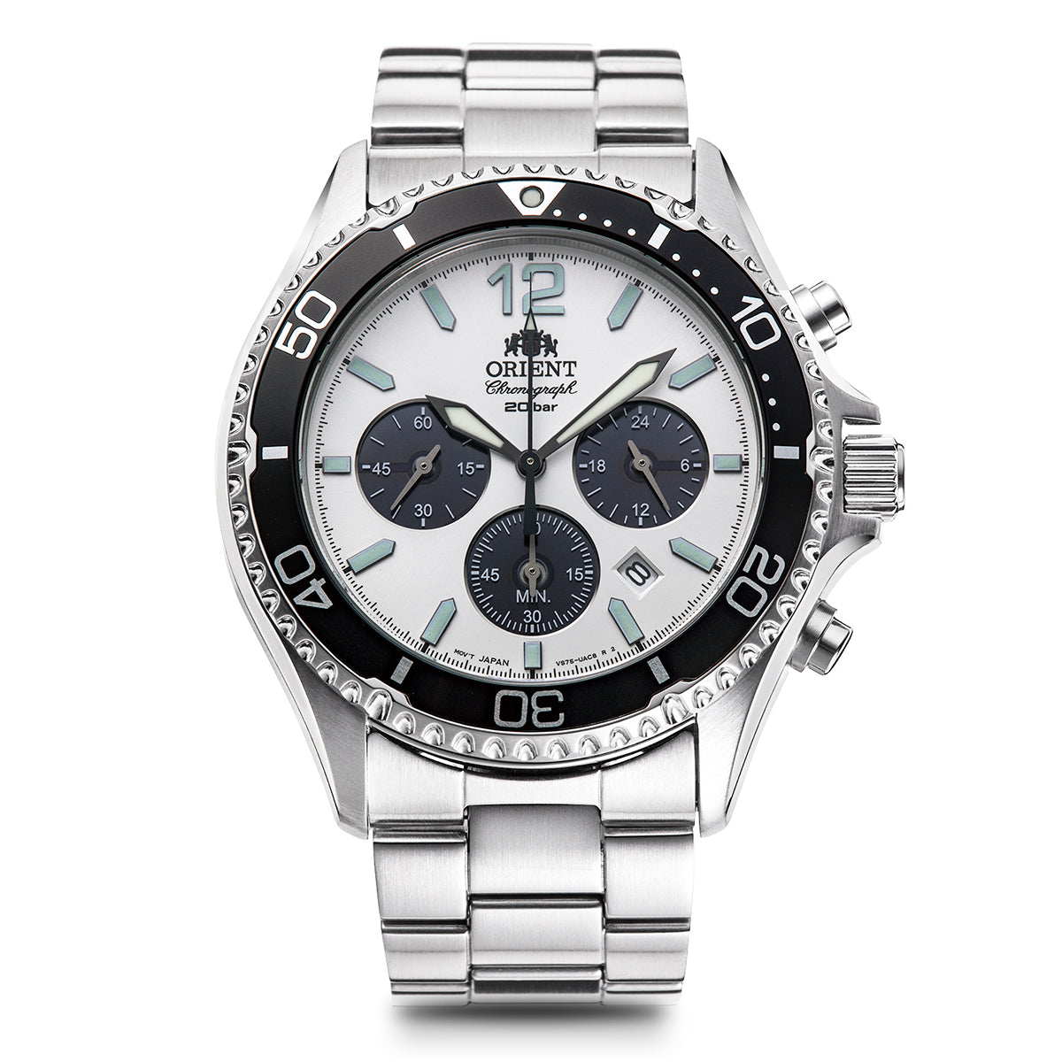 Orient Mako Solar Powered Chrono Steel Bracelet White Dial