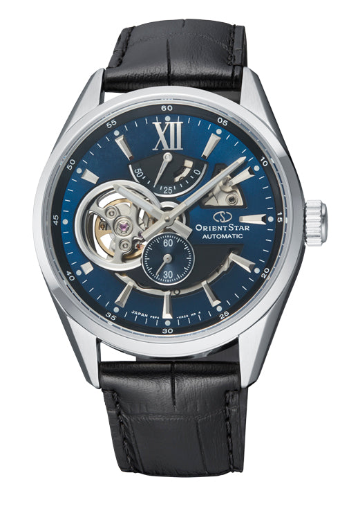 Orient Star Semi Skeleton Black Leather Strap Blue Dial
