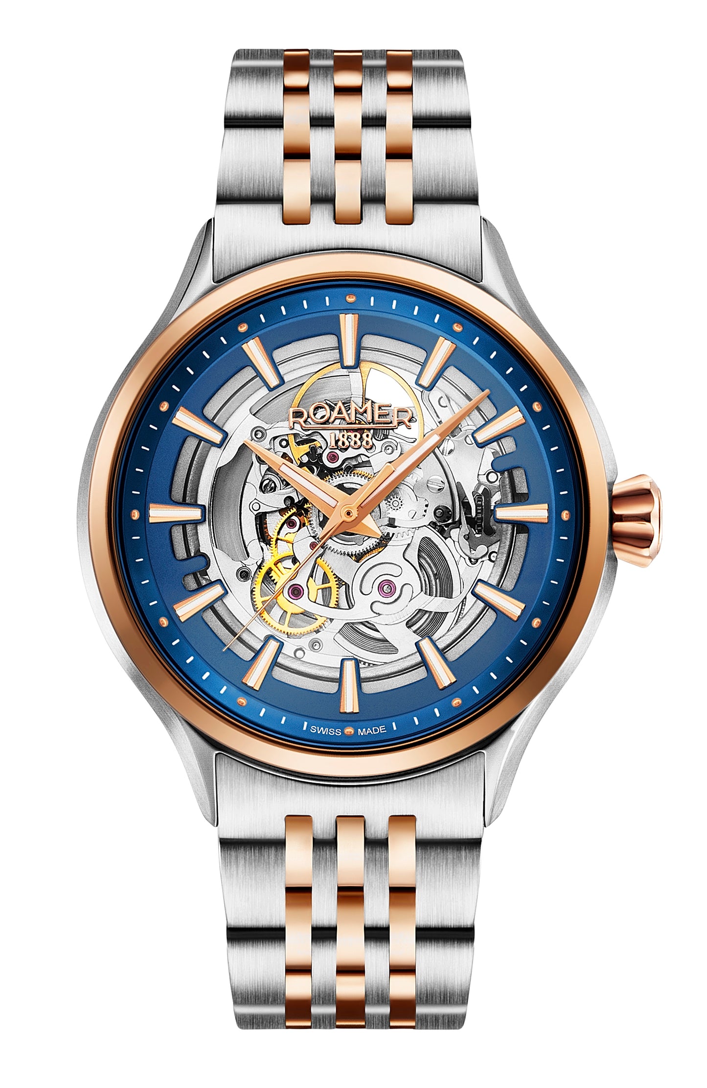 Roamer Competence Skeleton III, Swiss Made, Yellow Gold Bicolour Bracelet, Blue Dial
