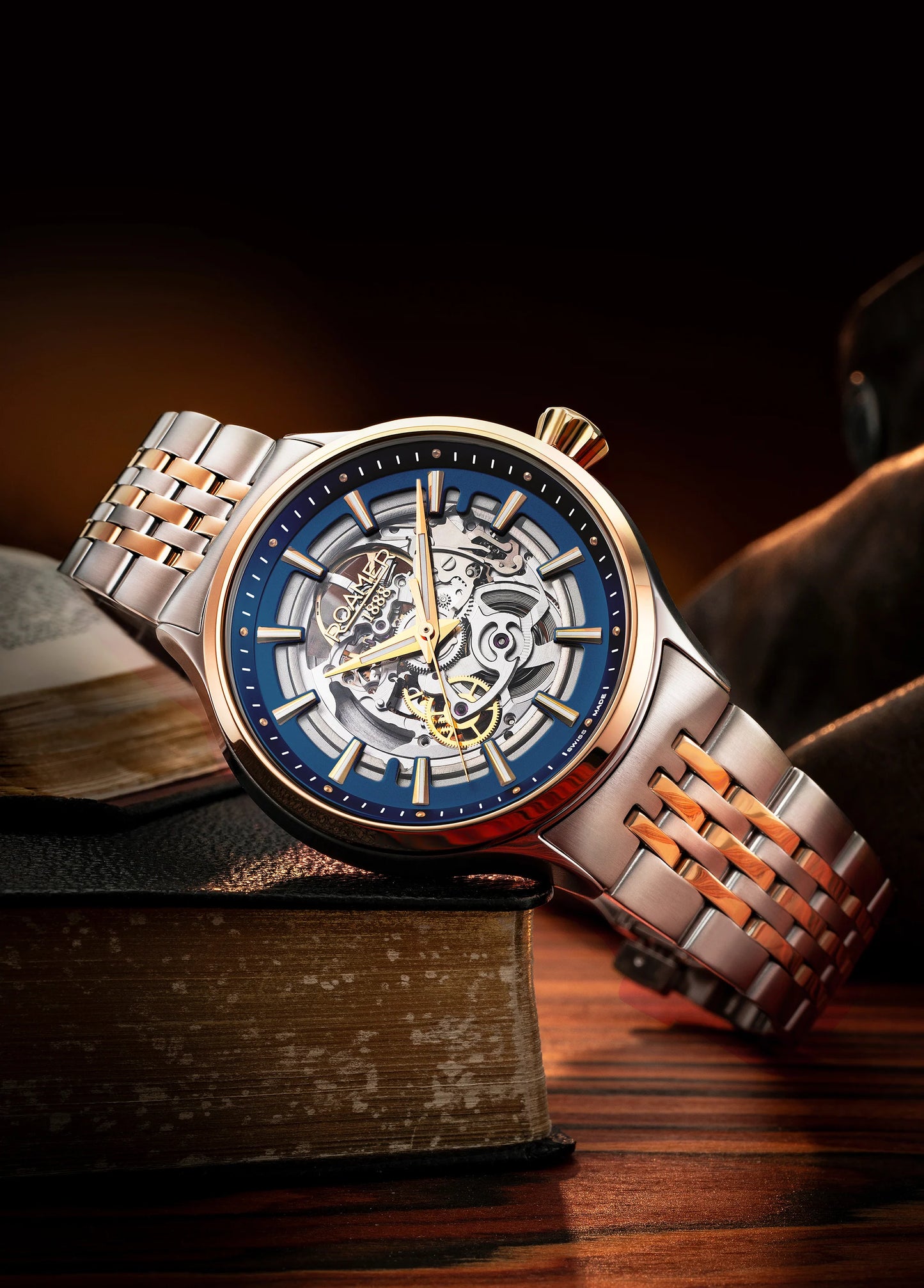 Roamer Competence Skeleton III, Swiss Made, Yellow Gold Bicolour Bracelet, Blue Dial