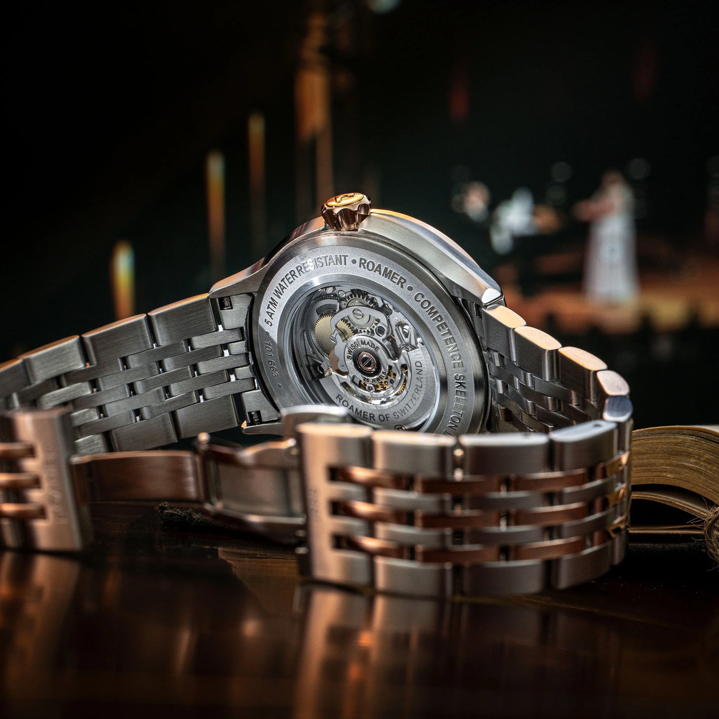 Roamer Competence Skeleton III, Swiss Made, Yellow Gold Bicolour Bracelet, Blue Dial