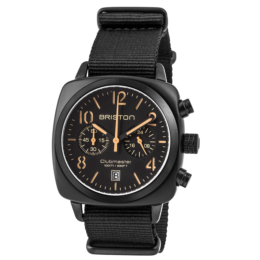 Briston Trendsetters Chronograph Black Dial, Case and Nato Strap with Orange Numerals