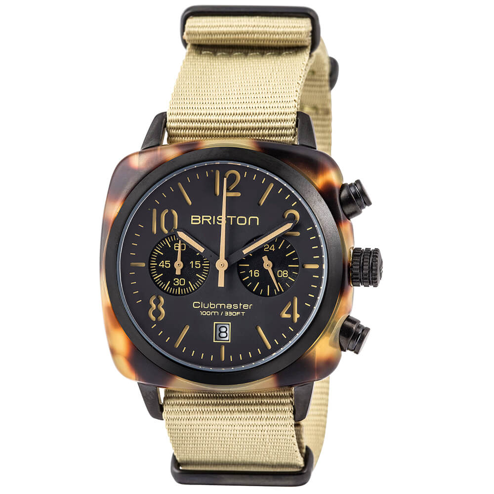 Briston Trendsetters Chronograph Black Dial Safari Case and Nato Strap with Orange Numerals