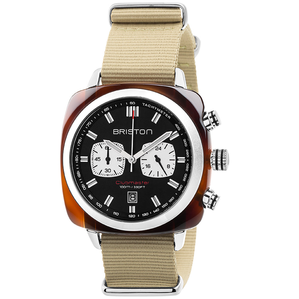 Briston Clubmaster Sport Chronograph, Black Dial Beige Nato Strap
