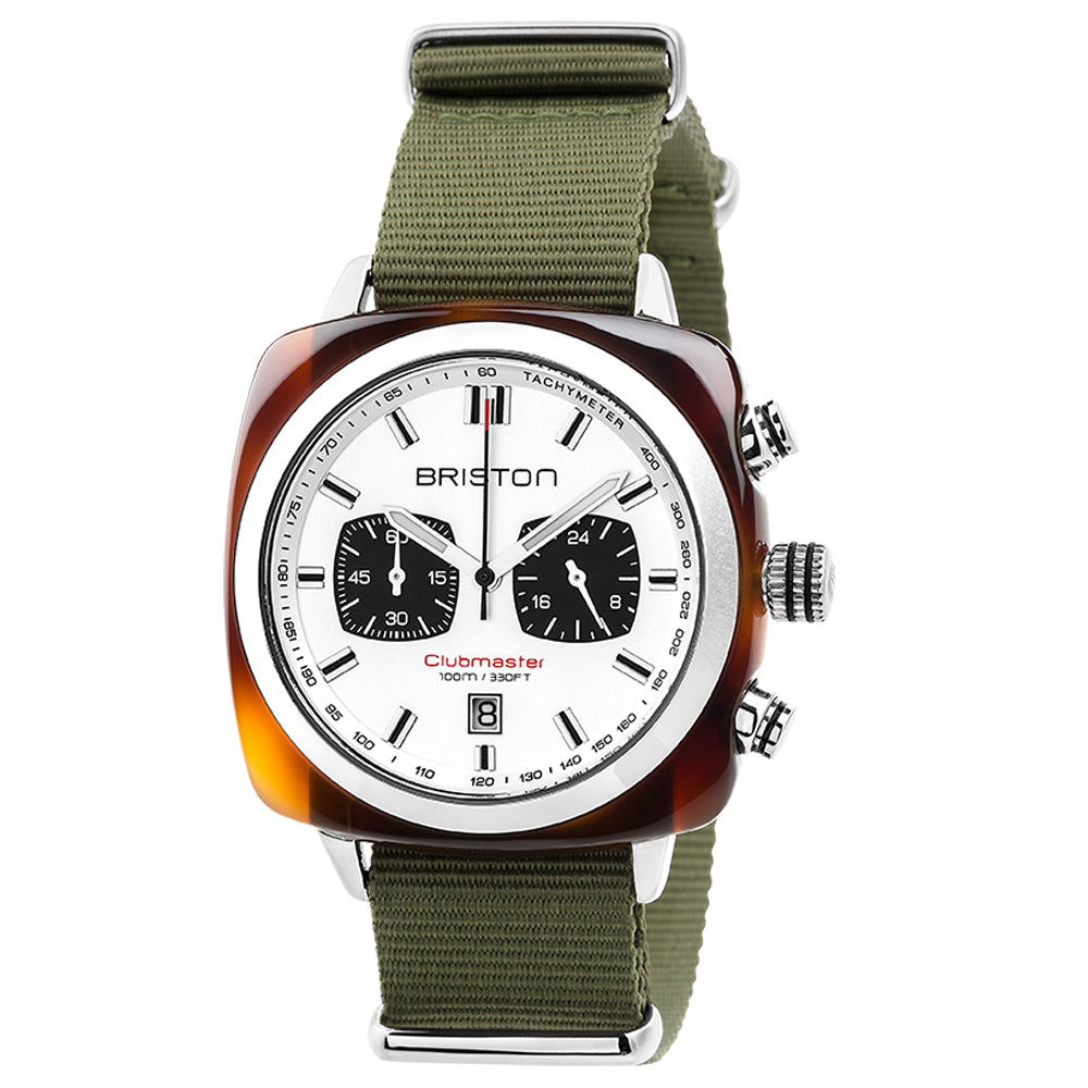 Briston Clubmaster Sport Chronograph, White Dial Green Nato Strap