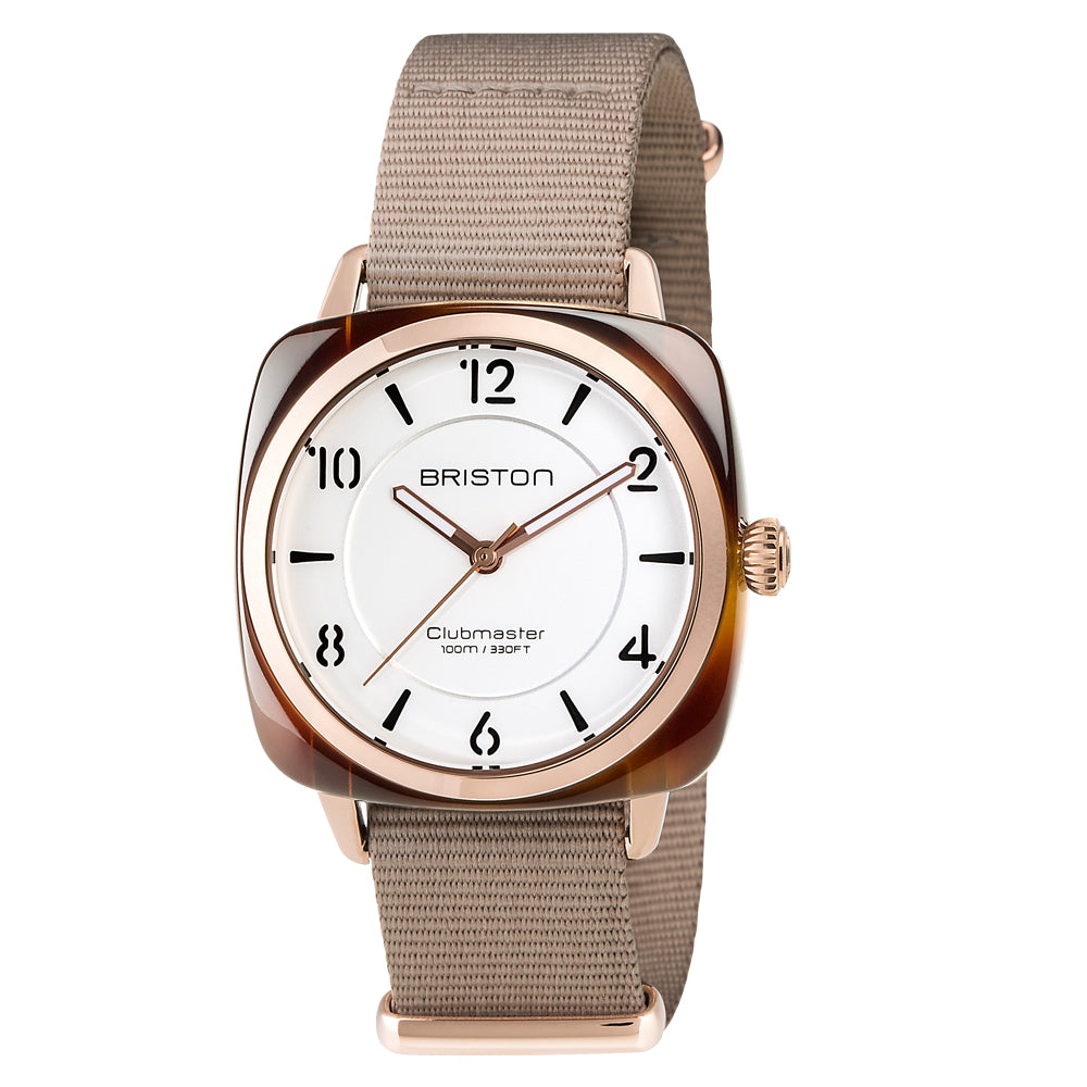 Briston Clubmaster Chic Ladies 3 Hand White Dial Taupe Nato Strap with Rosegold Accents