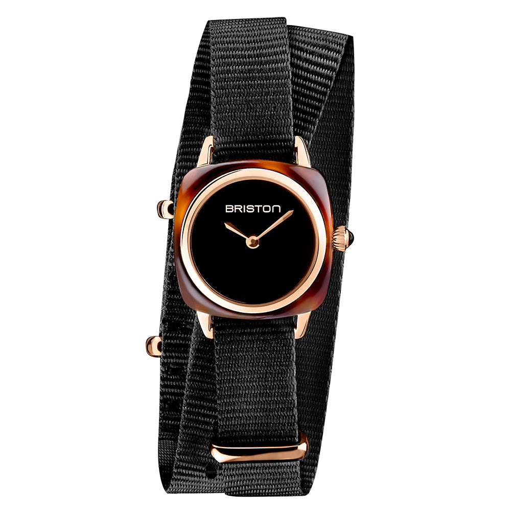 Briston Clubmaster Lady Double Wrap Black Nato Strap Black Dial with Rosegold Accents