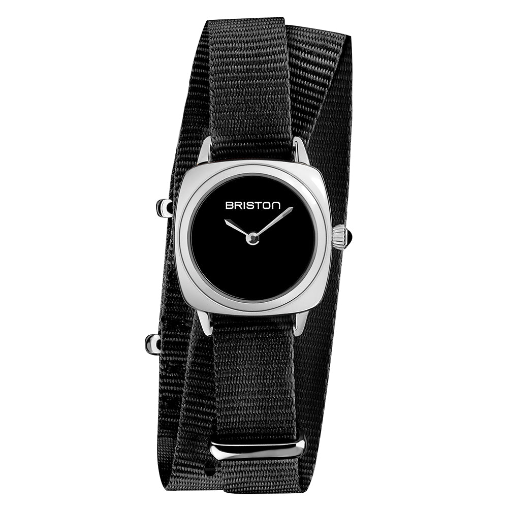 Briston Clubmaster Lady Double Wrap Black Nato Strap and Dial Stainless Steel Case with Steel Accents