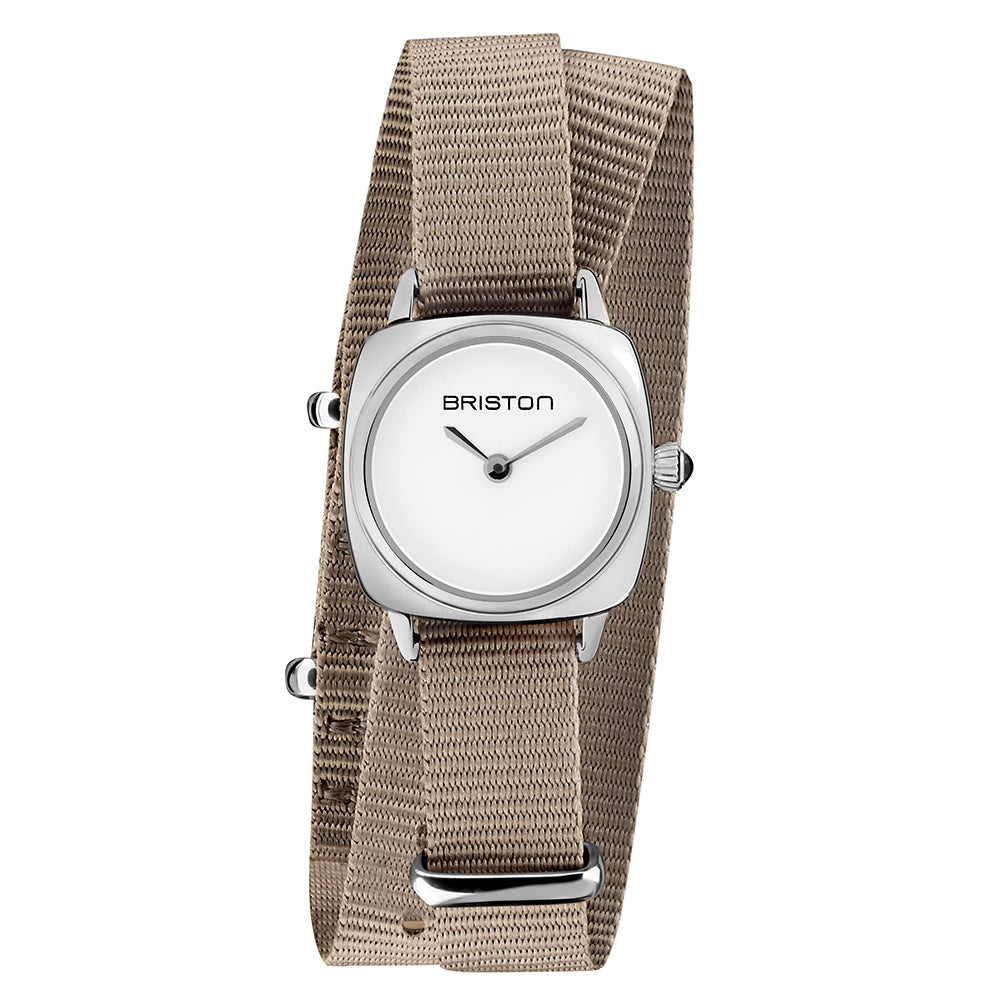 Briston Clubmaster Lady Double Wrap Taupe Nato Strap White Dial Stainless Steel Case with Steel Accents