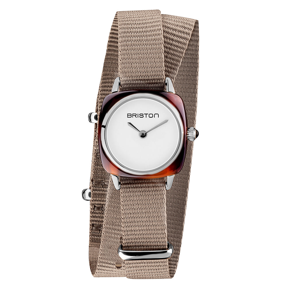 Briston Clubmaster Lady Double Wrap Taupe Nato Strap White Dial with Steel Accents