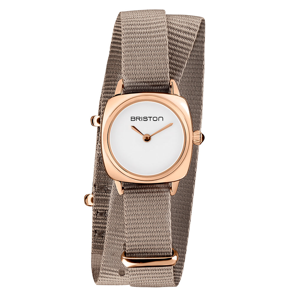 Briston Clubmaster Lady Double Wrap Taupe Nato Strap White Dial Rosegold Case with Rosegold Accents