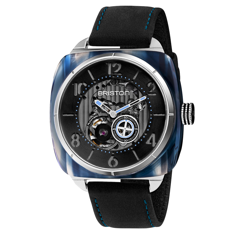 Briston Streamliner Skeleton Black Dial Blue Smoked Acetate Case Black Vintage Leather Strap