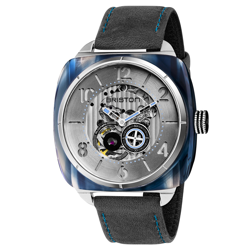 Briston Streamliner Skeleton Steel Dial Blue Smoked Acetate Case Dark Grey Vintage Leather Strap