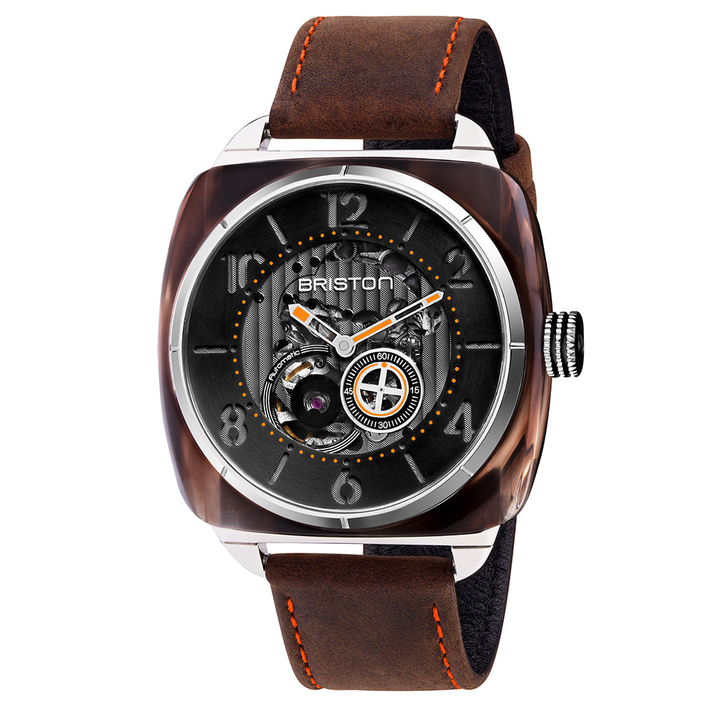 Briston Streamliner Skeleton Black Dial Brown Smoked Acetate Case Brown Vintage Leather Strap