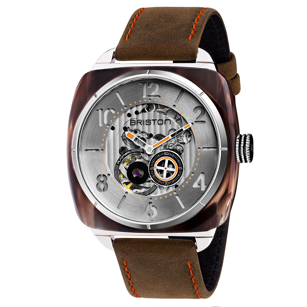 Briston Streamliner Skeleton Steel Dial Brown Smoked Acetate Case Brown Vintage Leather Strap
