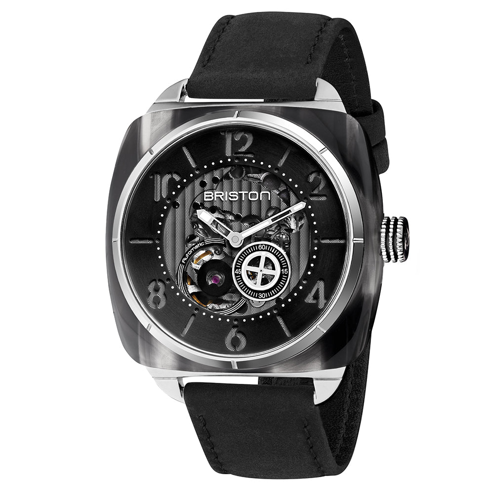 Briston Streamliner Skeleton Black Dial Grey Smoked Acetate Case Black Vintage Leather Strap