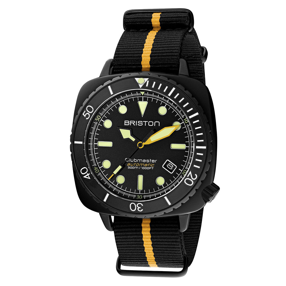 Briston Diver Pro Black Dial Black Nato Strap with Yellow Accents