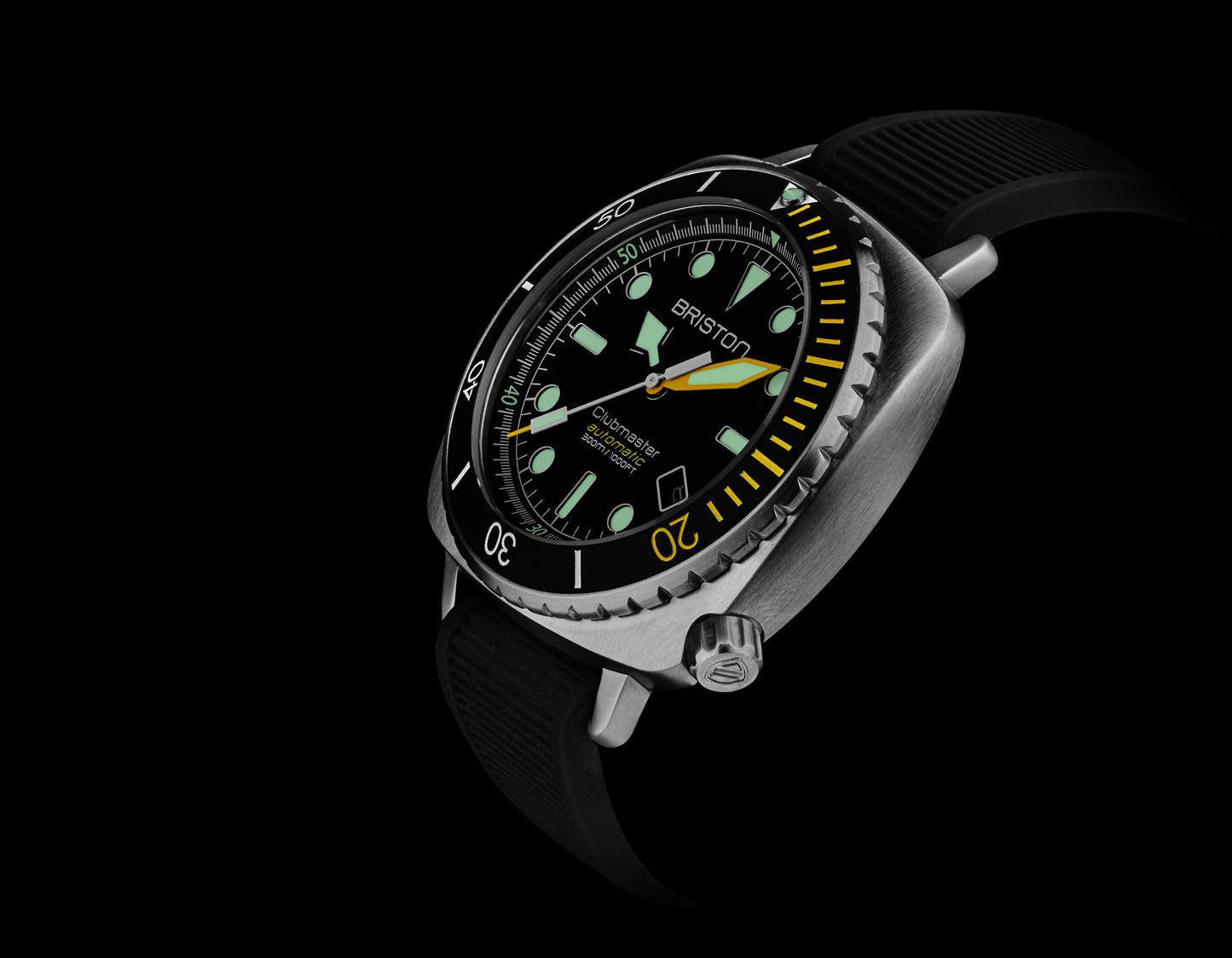 Briston Clubmaster Diver Pro Black Dial with Yellow Markers Black Rubber Strap Stainless Steel Case