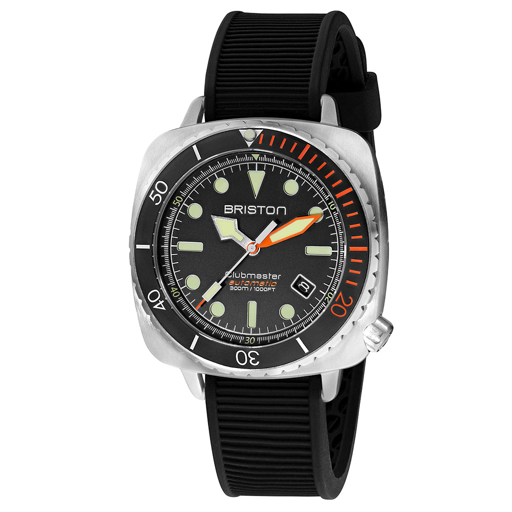 Briston Diver Pro Black Dial with Orange Markers Black Rubber Strap Stainless Steel Case