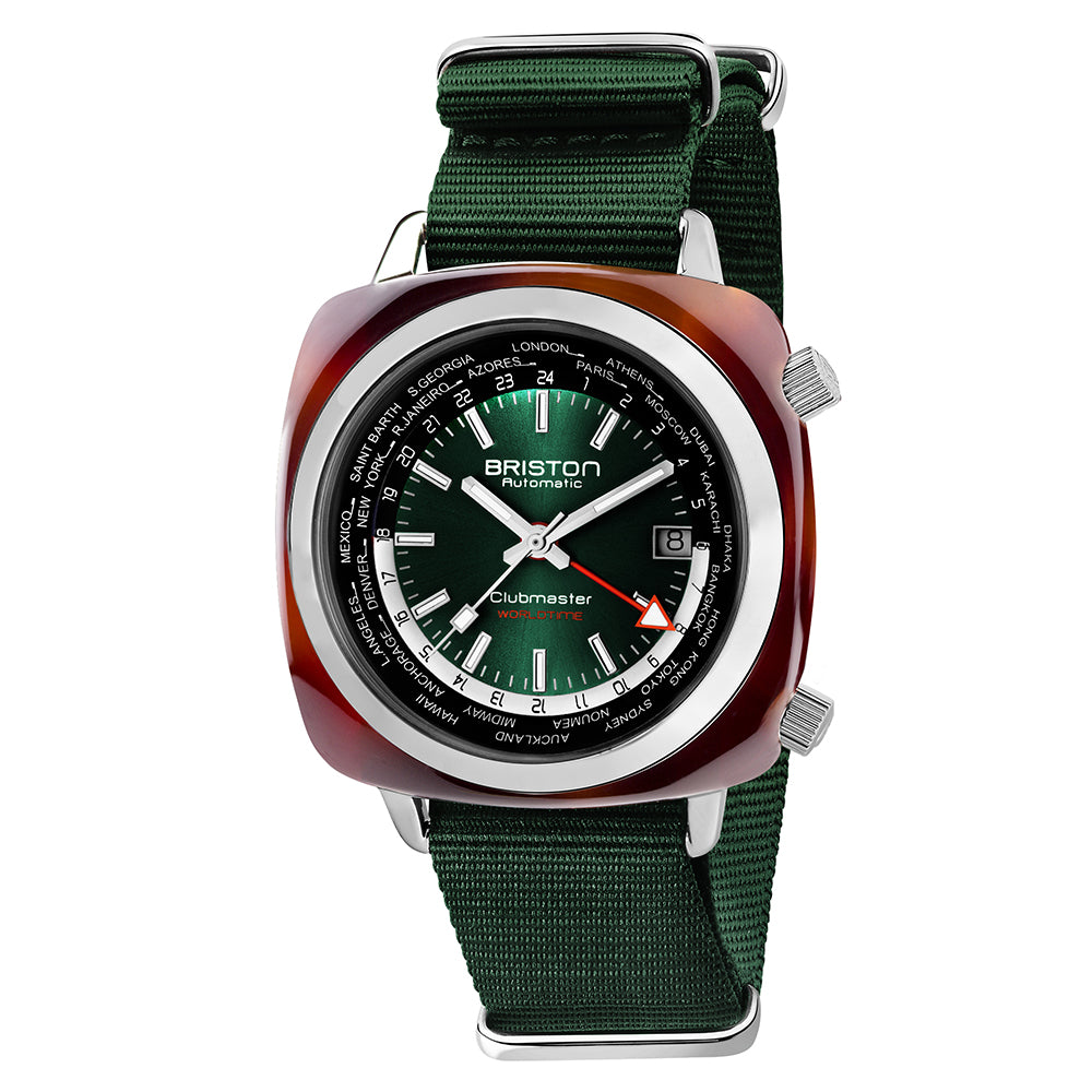 Briston Clubmaster Traveler Worldtime GMT Green Dial and Nato Strap