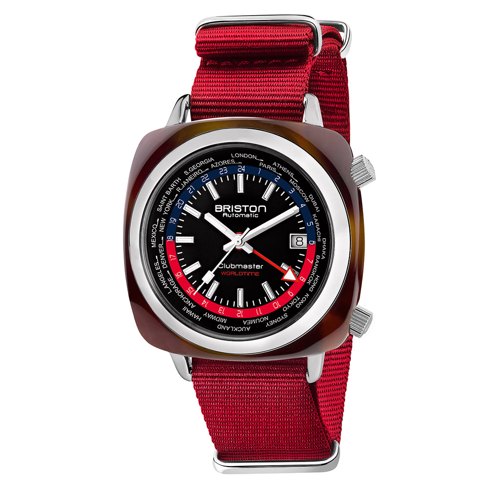 Briston Clubmaster Traveler Worldtime GMT Black Dial Red Nato Strap