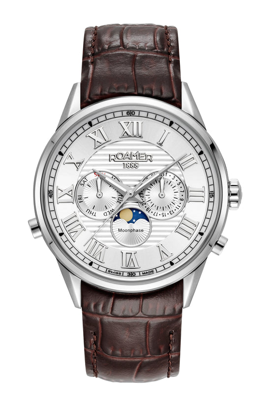 Roamer Superior Moonphase Silver Dial Brown Leather Strap
