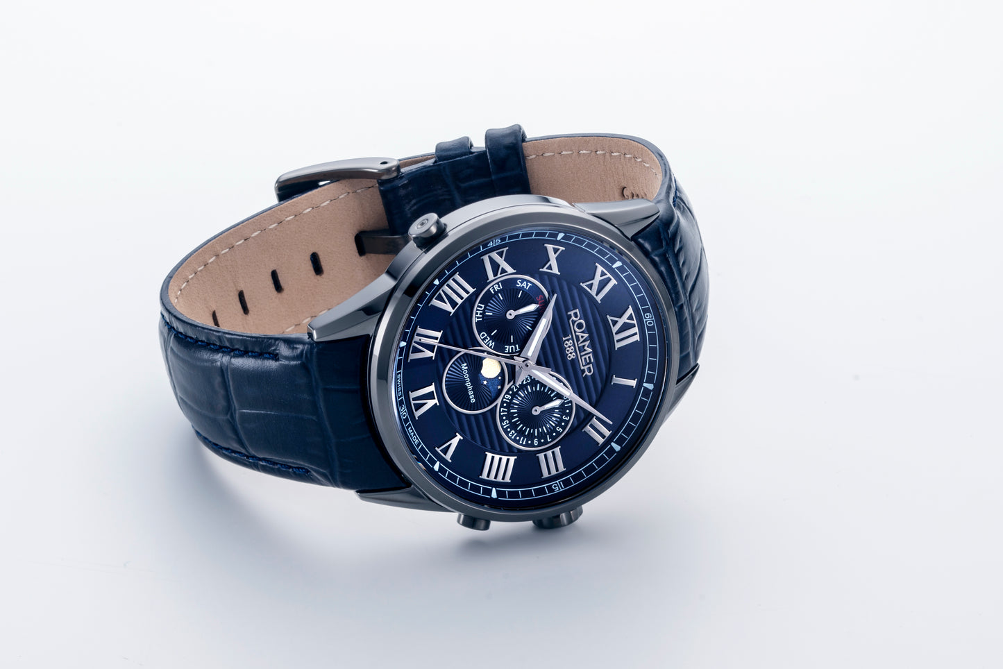 Roamer Superior Moonphase Blue Dial Blue Leather Strap with Gun IP Case