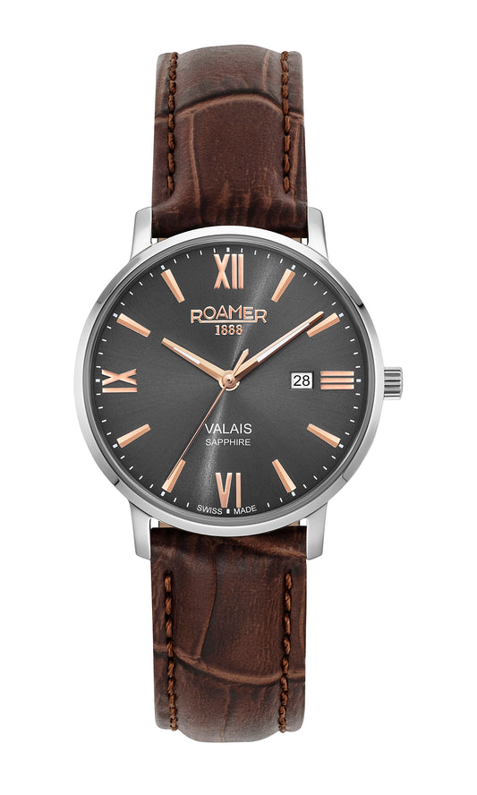 Roamer Valais Ladies Grey Dial Brown Leather Strap with Rosegold Batons