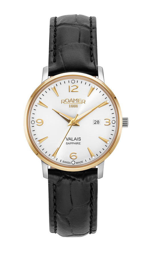 Roamer Valais Ladies Silver Dial Black Leather Strap with Yellow Gold Batons
