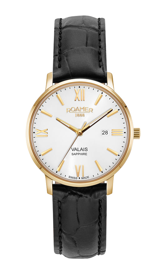 Roamer Valais Ladies Silver Dial Black Leather Strap with Yellow Gold Accents