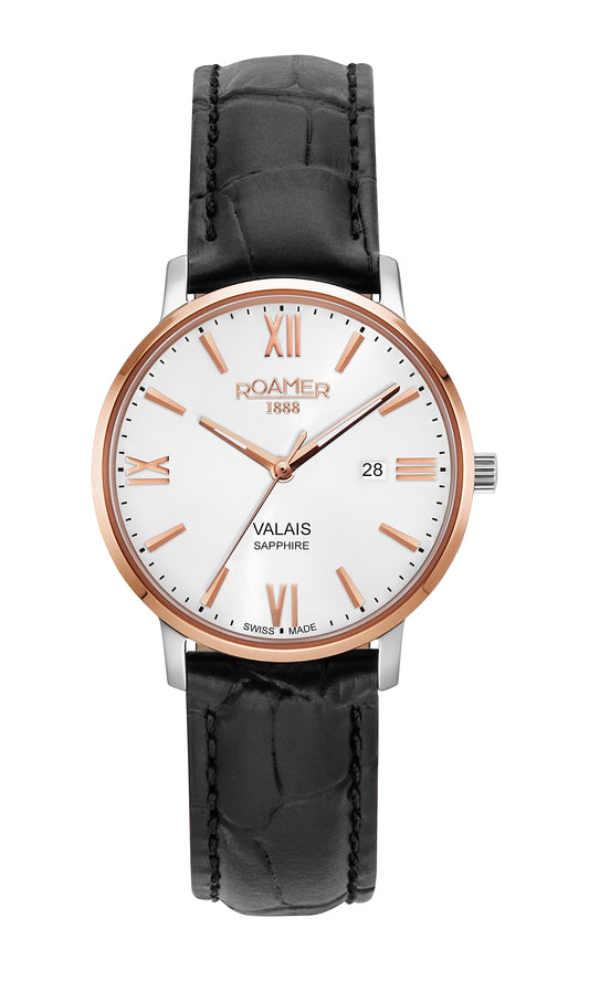 Roamer Valais Ladies Silver Dial Black Leather Strap with Rosegold Batons