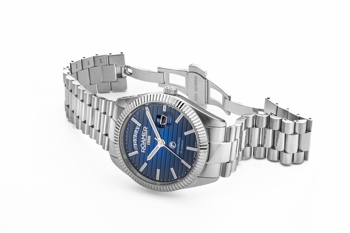 Roamer Primeline Day Date II Steel Bracelet Blue Patterned Dial