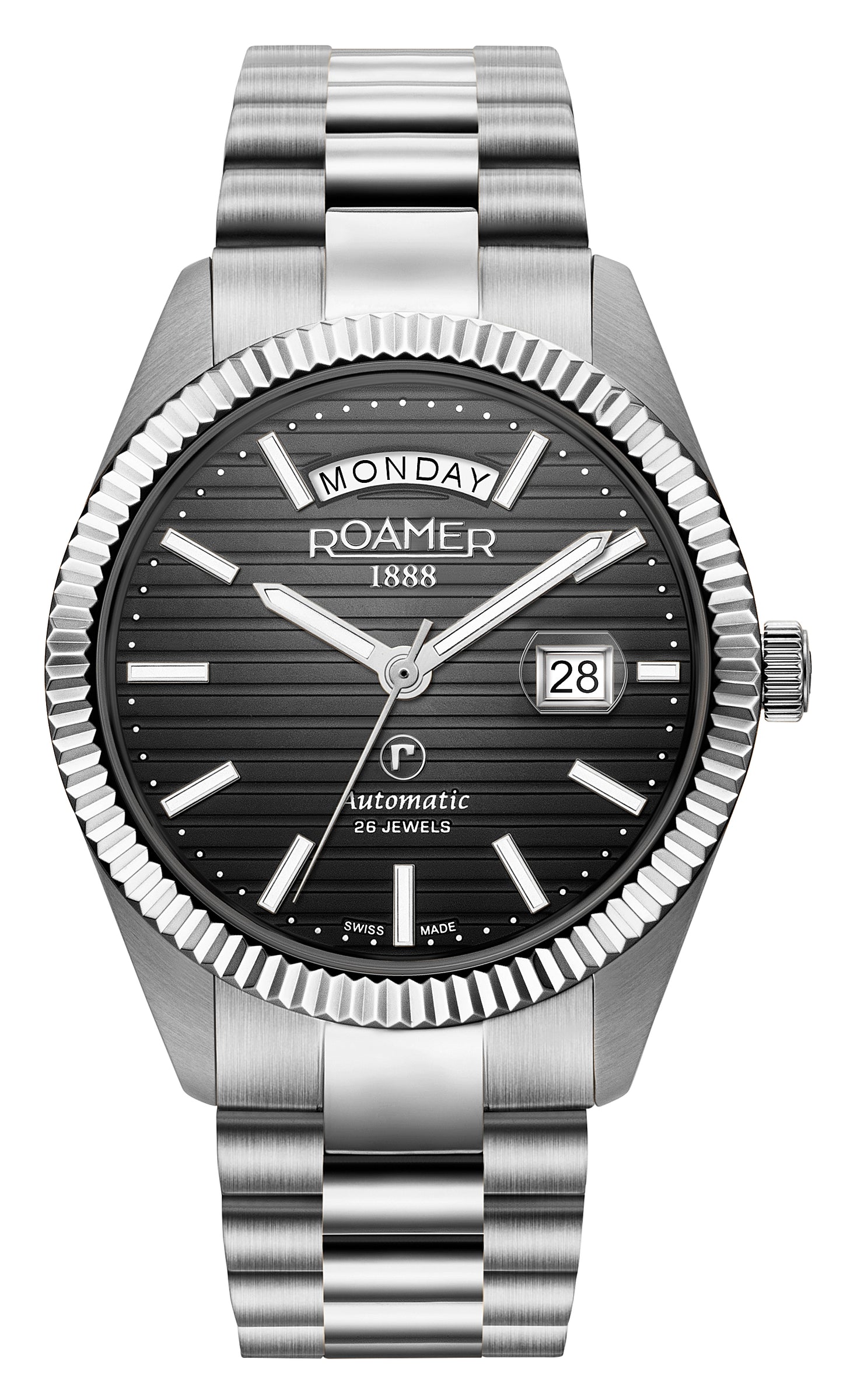 Roamer Primeline Day Date II Steel Bracelet Black Patterned Dial