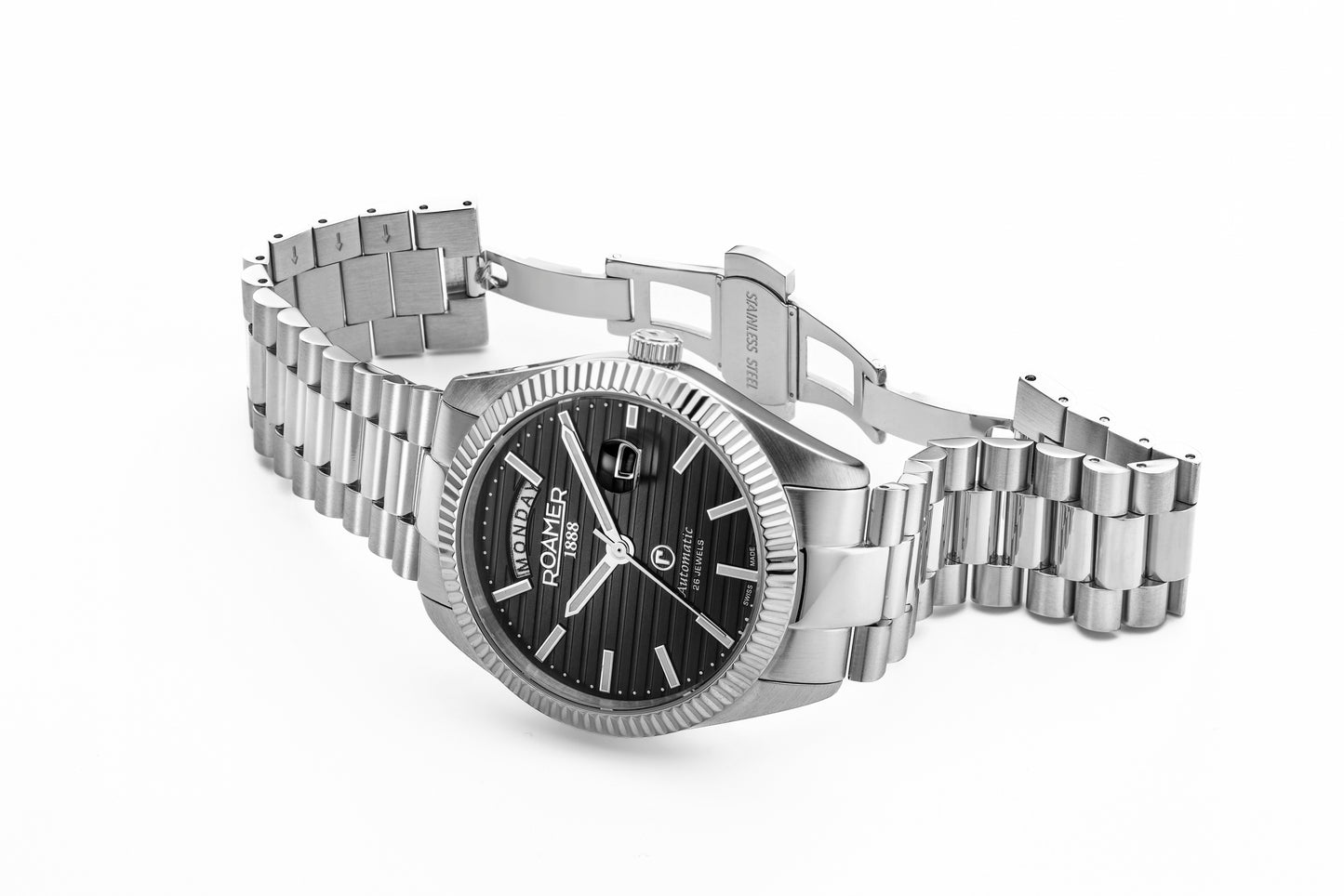 Roamer Primeline Day Date II Steel Bracelet Black Patterned Dial