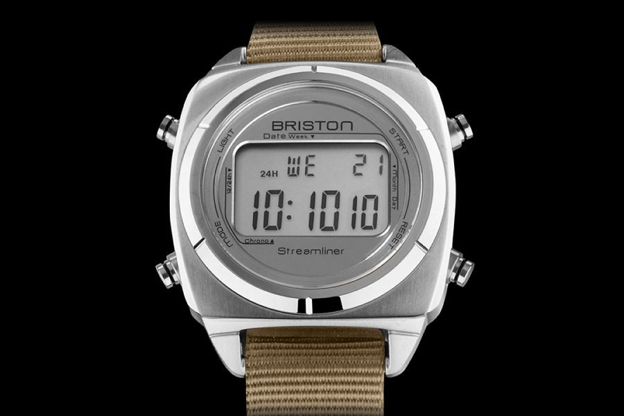 Briston Streamliner Digital Silver Dial Taupe Nato Strap with Steel Accents