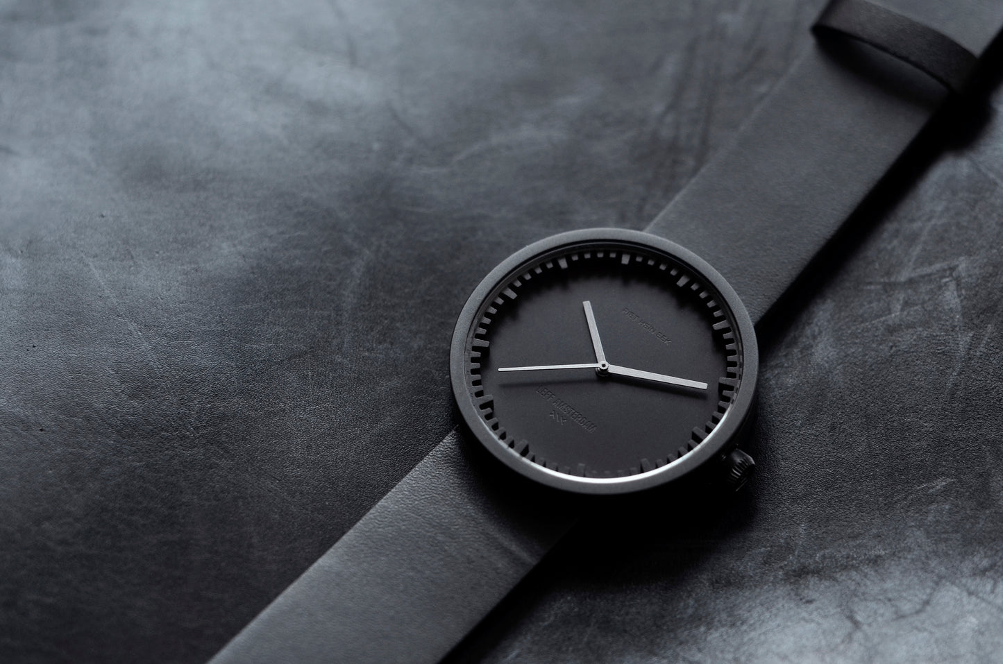 LEFF Amsterdam Tube Watch D38 Black Case Black Leather Strap