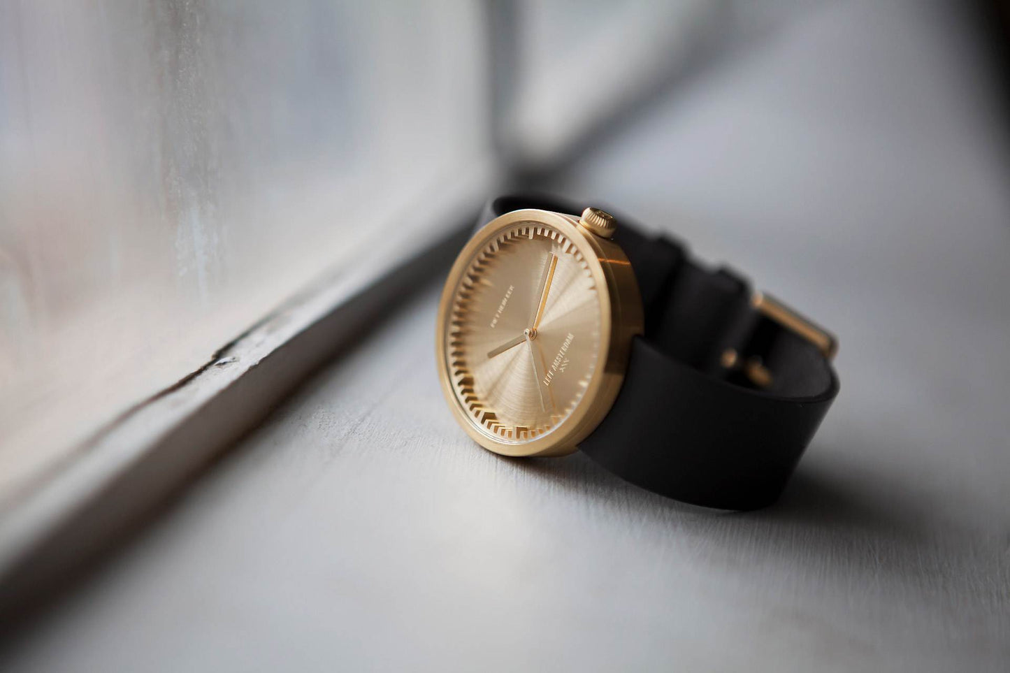 LEFF Amsterdam Tube Watch D38 Brass Case Black Leather Strap