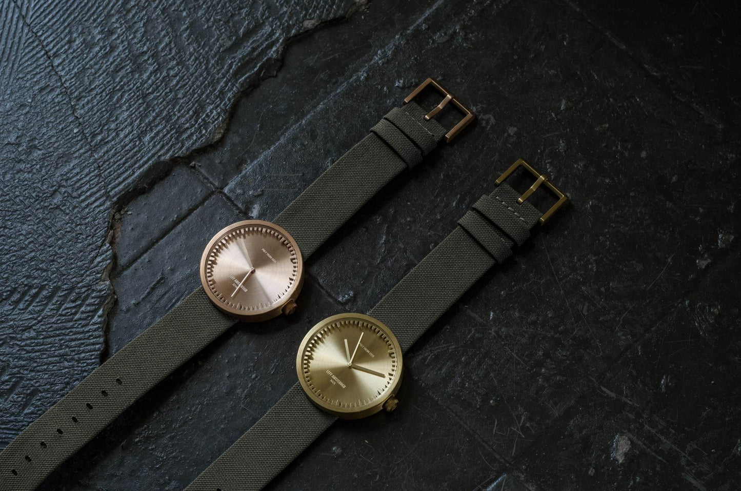 LEFF Amsterdam Tube Watch D38 Brass Case Green Cordura-Leather Strap