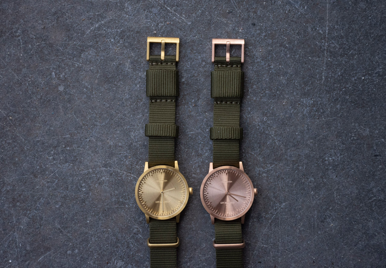 LEFF Amsterdam Tube Watch T32 Brass Case Green Nato Strap