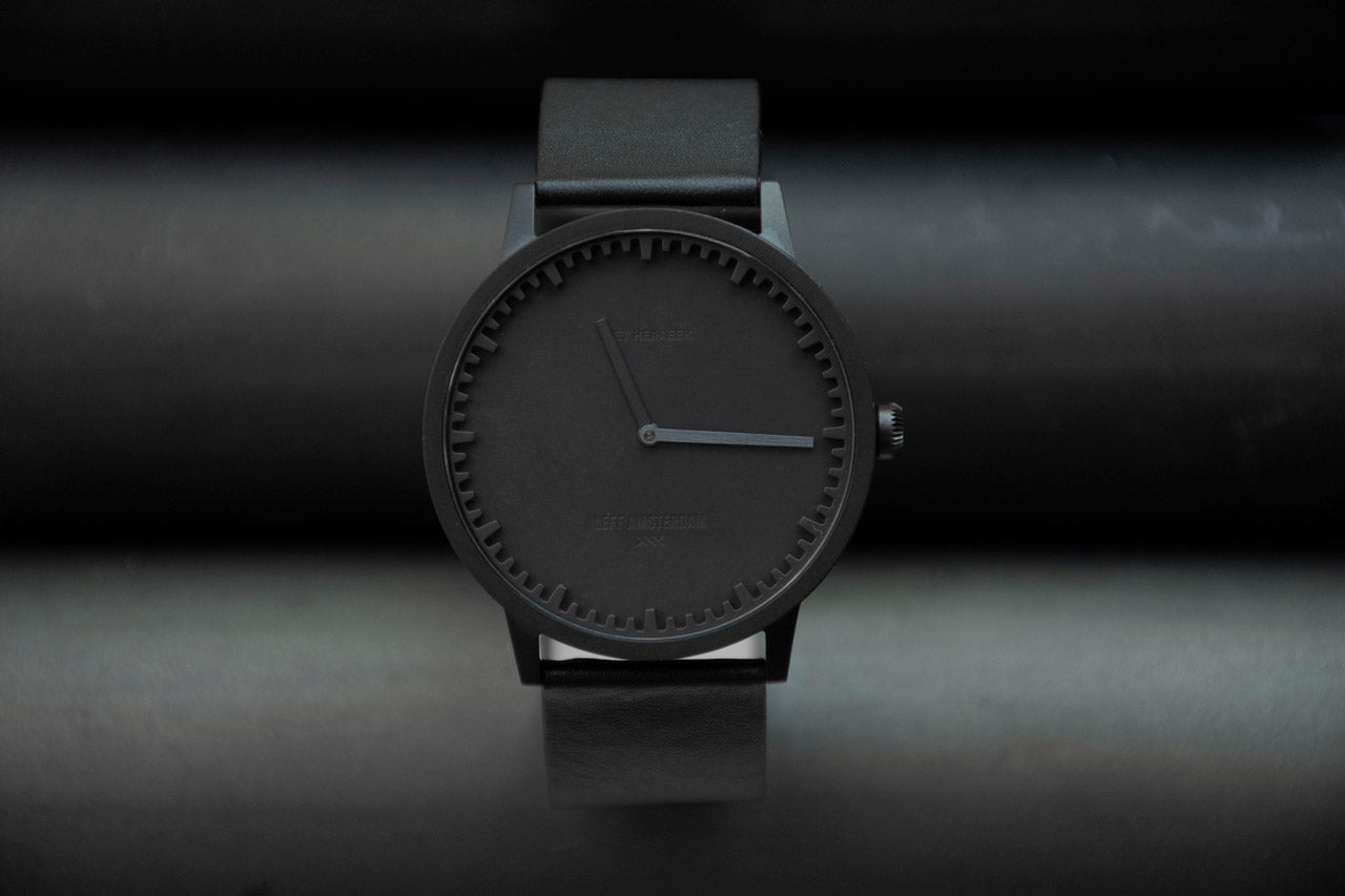 LEFF Amsterdam Tube Watch T40 Black Case Black Leather Strap