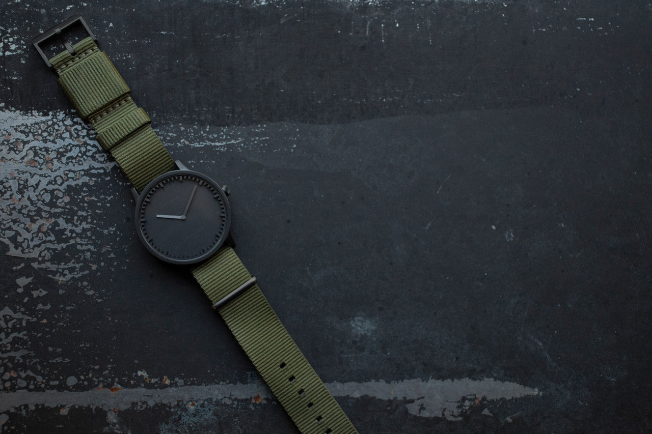 LEFF Amsterdam Tube Watch T40 Black Case Green Nato Strap