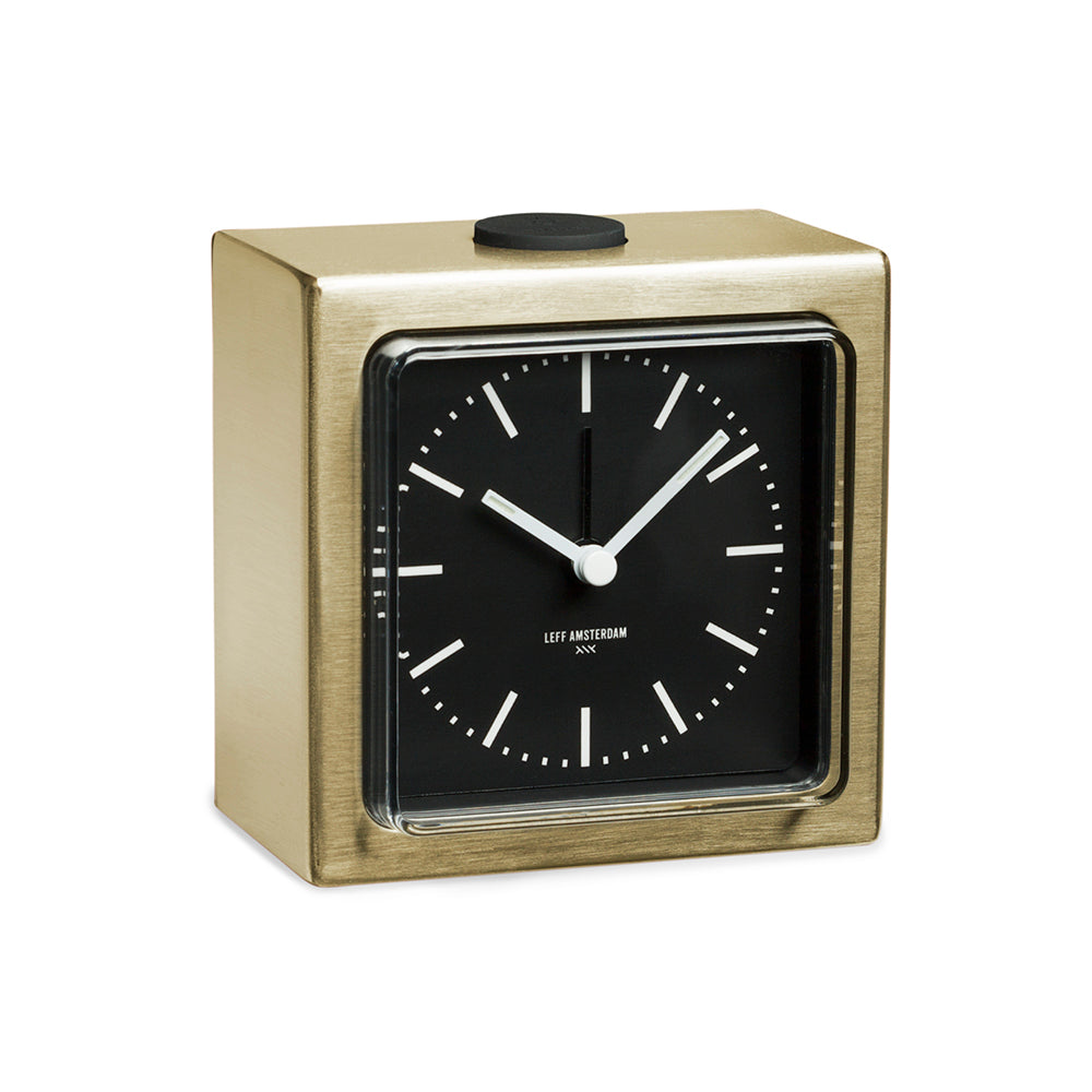 LEFF Amsterdam Block Alarm Clock Brass IP Stainless Steel Black Dial White Index