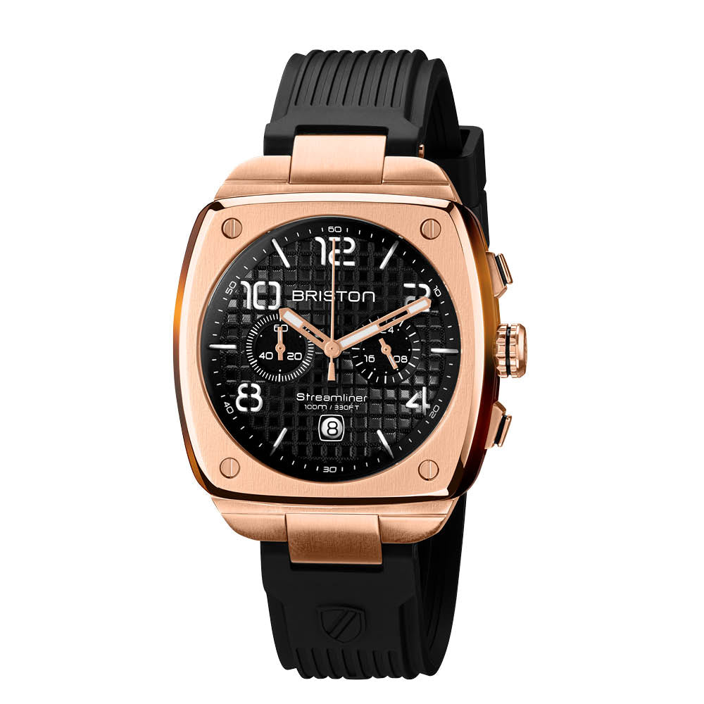 Briston Streamliner Urban Black Dial Black Silicone Strap with Rosegold Accents