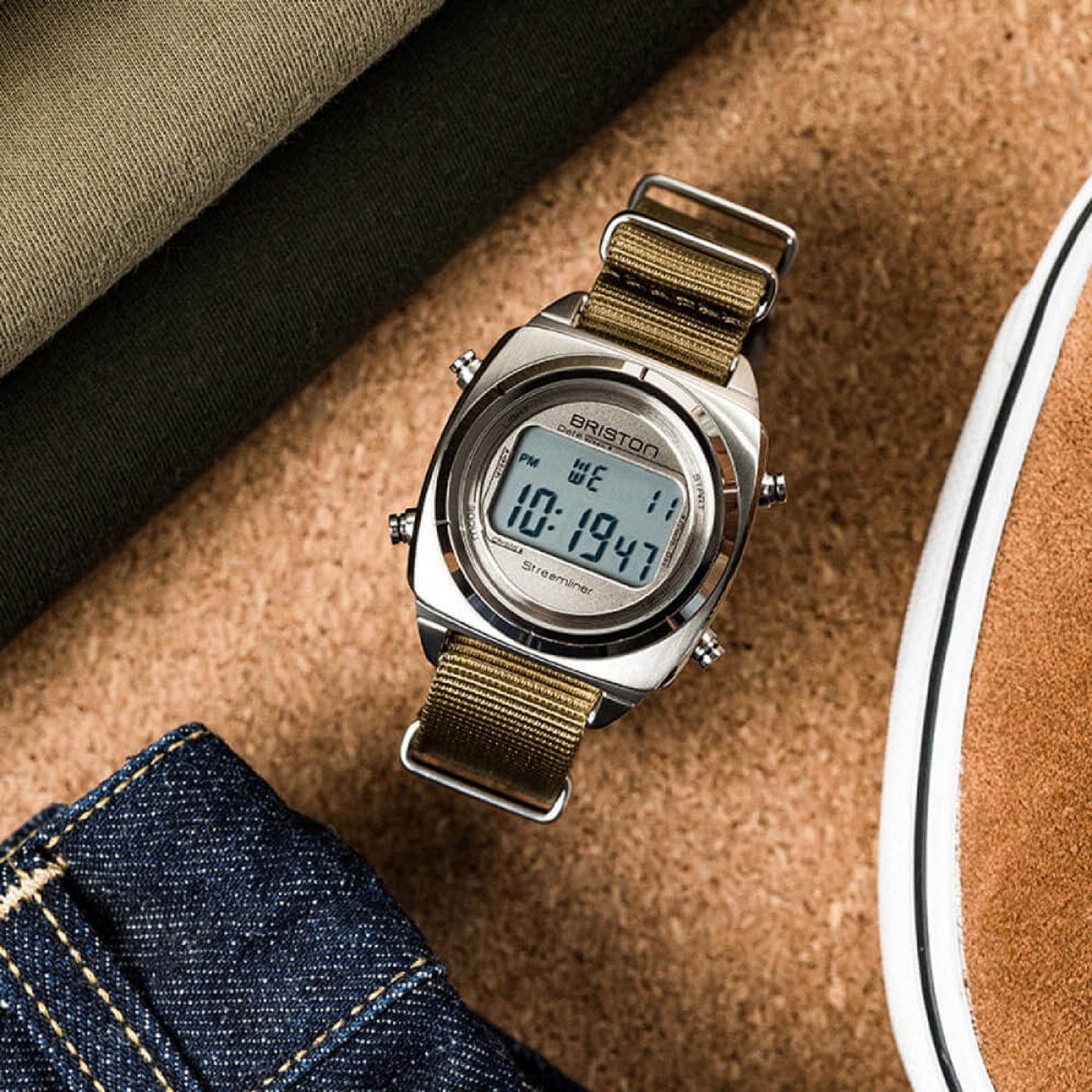 Briston Streamliner Digital Silver Dial Taupe Nato Strap with Steel Accents