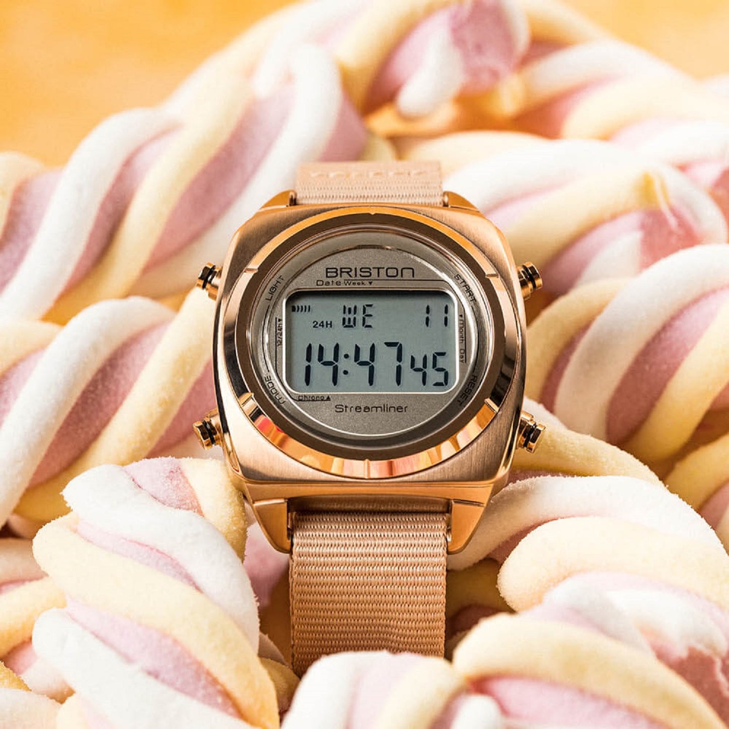 Briston Streamliner Digital Silver Dial Taupe Nato Strap with Rosegold Accents