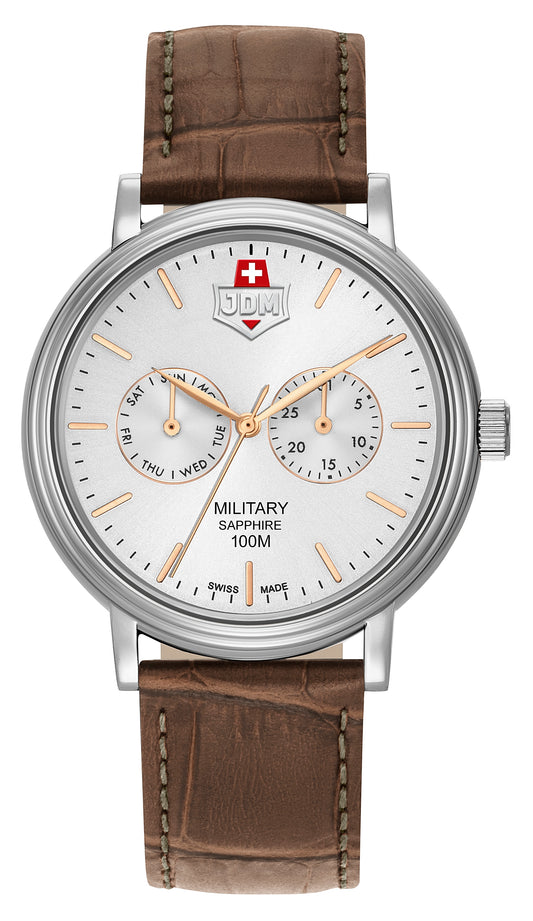 JDM Military Echo Silver Dial Brown Leather Strap
